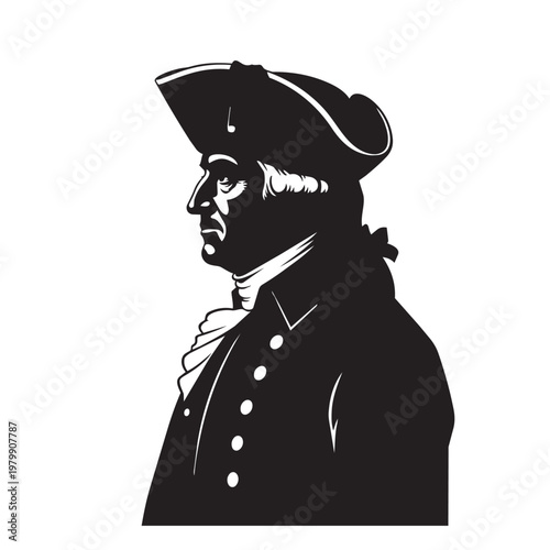 George washington silhouette vector illustration of first american president in profile wearing tricorne hat and military colonial uniform.