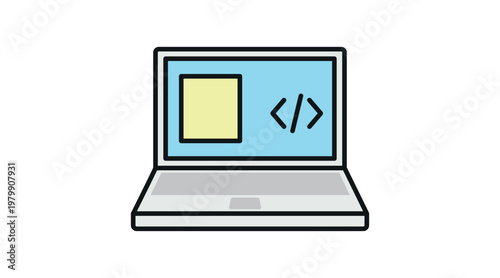 Laptop web development and coding icon: portable computer with HTML code symbol, soft colors offset fill and black line vector illustration.