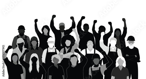 Diverse group of people showing solidarity with raised fists in unity and strength together