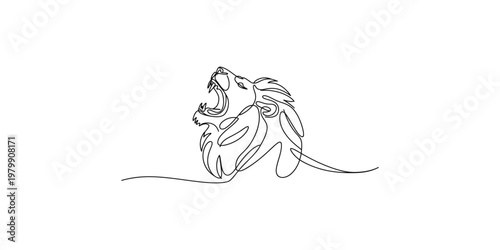 Continuous line drawing of a roaring lion with mane and open mouth one single art