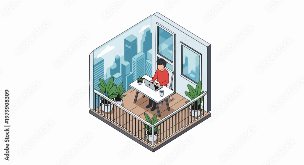 Obraz premium Isometric Illustration of a Freelancer Working on a Laptop on a Balcony with City View and Lush Plants