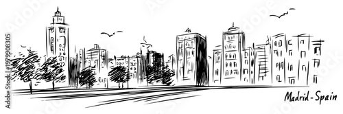 Madrid Spain city skyline sketch. Hand drawn vector illustration of the urban cityscape