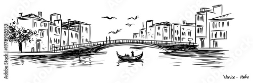Venice Italy canal with gondola and bridge Hand drawn historic cityscape sketch vector illustration