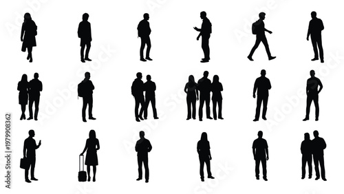 A collection of black silhouettes depicts diverse groups and individuals in various standing poses and interactions high quality professional detailed modern