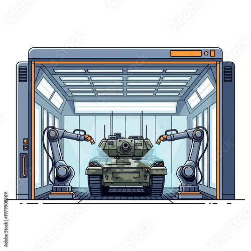 Robotic Arms Assembling Modern Military Tank in Futuristic Factory