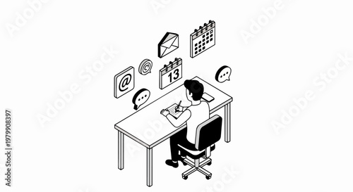 Isometric Illustration of Businessman at Desk Managing Schedule, Email, and Communication Tasks