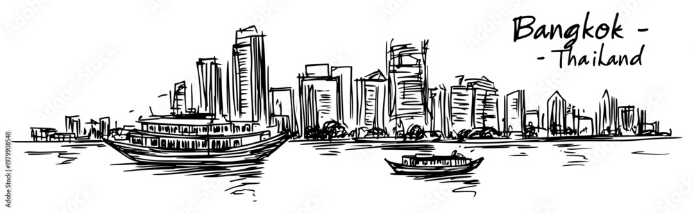 Naklejka premium Bangkok Thailand cityscape with boats on the Chao Phraya river. Hand drawn vector travel sketch