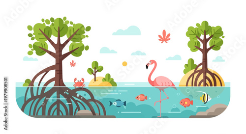Mangrove ecosystem with diverse wildlife and aquatic life illustration