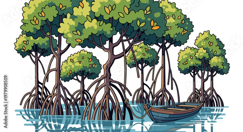 Illustration of Mangrove Trees with Canoe in Calm Water