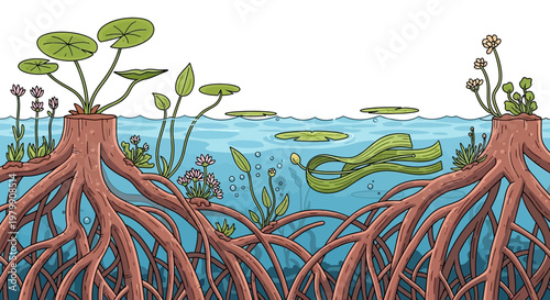Colorful illustration of aquatic plants and roots in a pond ecosystem