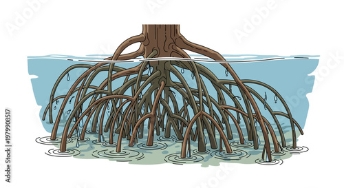 Illustration of Mangrove Tree Roots Underwater in Blue Ocean