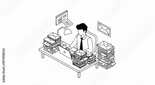Isometric Businessman Overwhelmed with Mail and Paperwork, Working on Laptop in Busy Office, Minimalist Line Art Vector Illustration