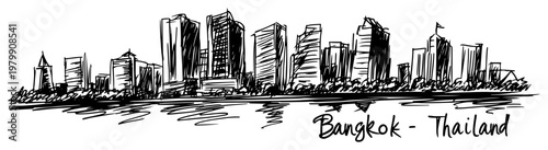 Bangkok Thailand city skyline sketch. Hand drawn vector illustration of the modern urban cityscape
