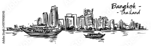 Bangkok Thailand cityscape with boats on the Chao Phraya river. Hand drawn vector travel sketch