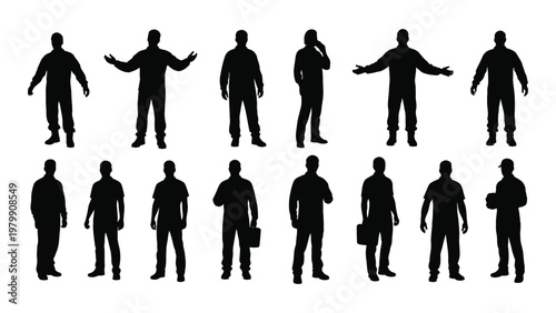 A collection of diverse silhouettes depicting men in various casual poses and attire set against a stark white background high quality