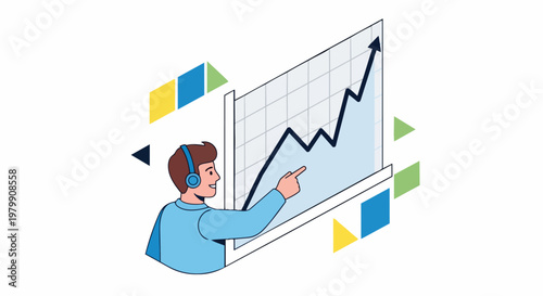 Successful Businessman with Headset Pointing at Upward Growing Financial Graph, Sales Growth and Business Performance Concept Vector Illustration