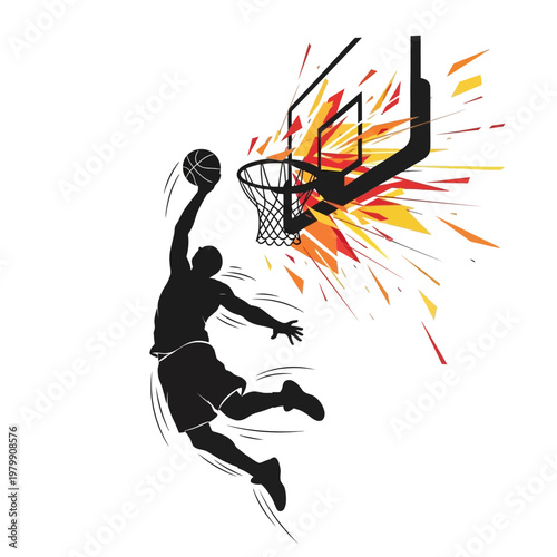 Basketball Player Silhouette Dunking with Explosive Energy Burst