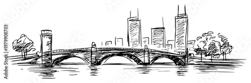 Cityscape with an old bridge over the river and modern skyline in the background. Hand drawn urban landscape sketch