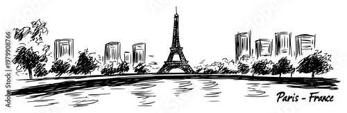 Paris France skyline with Eiffel Tower and Seine river sketch. Hand drawn vector illustration of a famous landmark