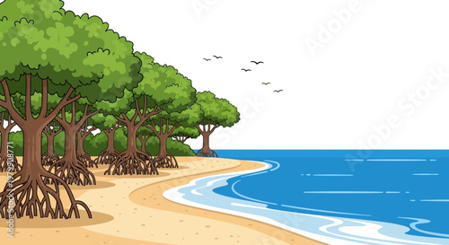 Scenic coastal landscape with mangrove trees and calm ocean
