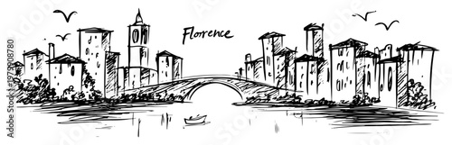 Florence Italy cityscape with bridge over Arno river Hand drawn historic skyline sketch vector illustration