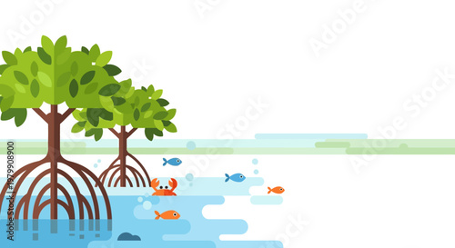 Mangrove trees with aquatic life in a flat vector illustration