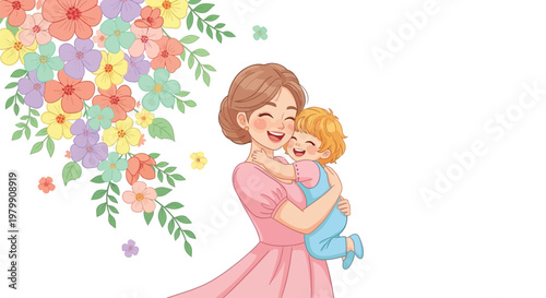Mother and child share a warm and loving moment together in a beautiful floral setting daily