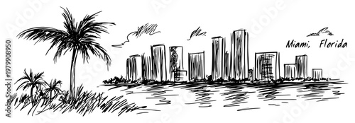 Miami Florida city skyline with palm trees sketch. Hand drawn tropical waterfront vector illustration