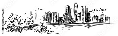 Los Angeles California city skyline sketch. Hand drawn vector illustration of the downtown cityscape