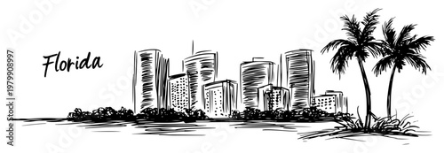Florida cityscape with palm trees and modern skyscrapers. Hand drawn vector sketch illustration of Miami skyline.