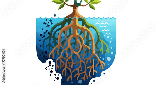 Abstract tree with roots underwater in a stylized illustration