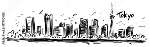 Tokyo Japan cityscape with Skytree tower famous landmark. Hand drawn vector skyline sketch.