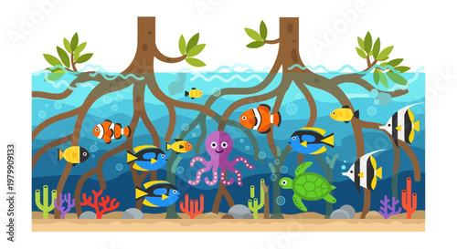 Colorful underwater scene with fish and octopus in mangrove habitat