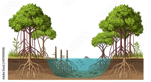 Mangrove forest ecosystem with detailed root structure and water habitat