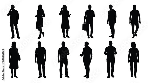 A collection of twelve black silhouettes depicting diverse individuals in various standing poses and business attire high quality professional detailed modern