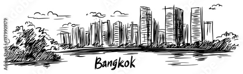 Bangkok city skyline view from the river. Hand drawn vector cityscape sketch of Thailand capital.