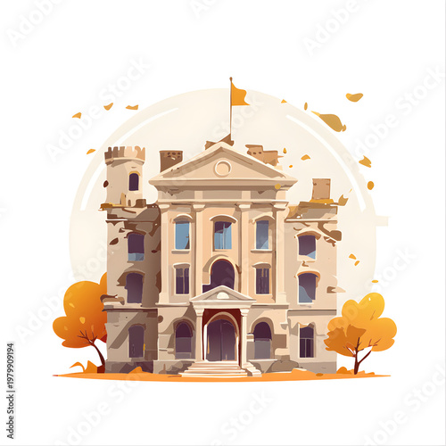 Elegant architectural building illustration with a castle tower and autumn trees. A clean, minimalist flat design featuring soft lighting and historical facade details on a white backdrop.