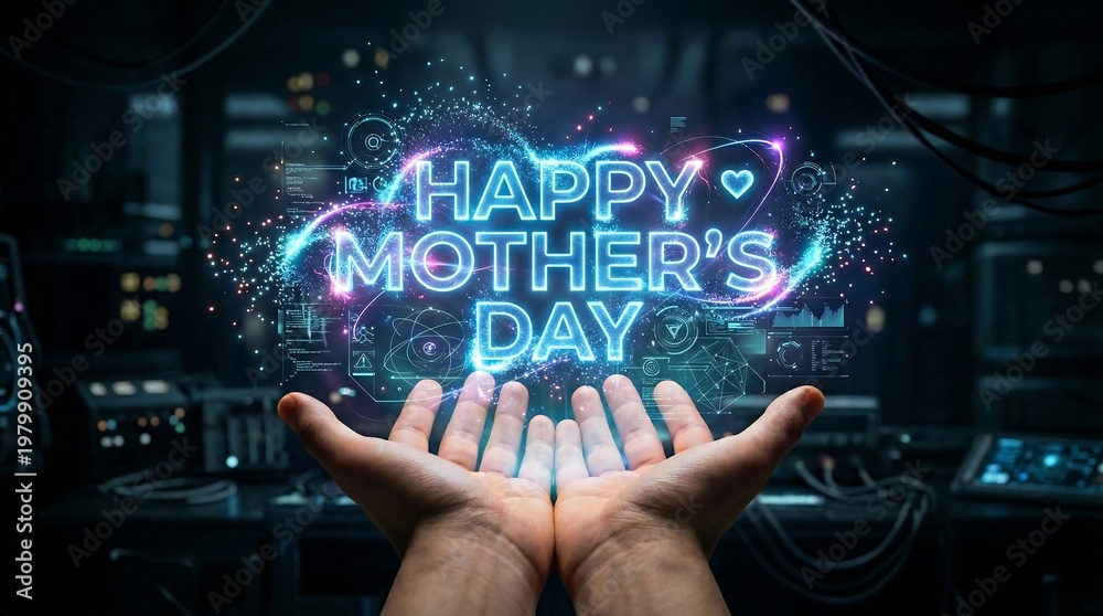 Fototapeta premium Futuristic Happy Mother's Day neon text, glowing holographic greeting held in hands, high-tech digital lab background with blue light effects