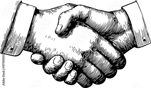 Hand Drawn Handshake Black and White Illustration in Minimal Line Art Style Design