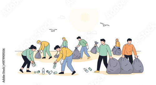 Group of diverse volunteers cleaning up a beach environment