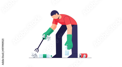 Man cleaning up litter with grabber tool in simple vector illustration