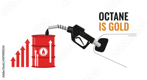 Fuel nozzle filling red gas can with increasing arrows in bold graphic style with bright colors for business finance