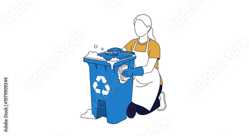 Woman cleaning a blue recycling bin with soap and sponge