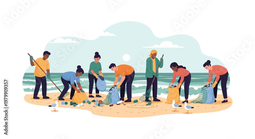 Volunteers cleaning beach collecting trash on a sunny day