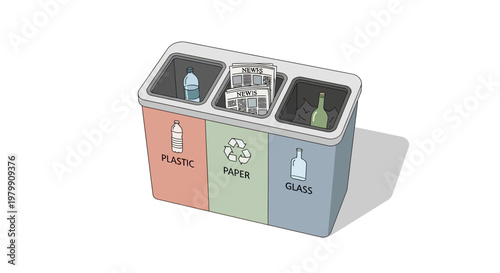 Recycling bin with separate compartments for plastic, paper, and glass