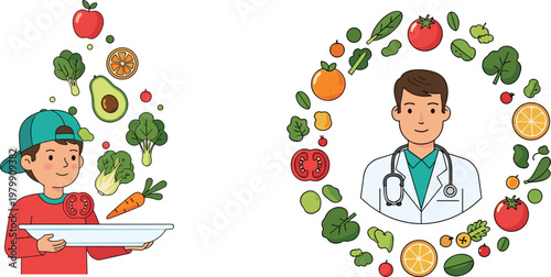 Healthy Eating and Nutrition Concept Vector Illustration with Doctor, Child Holding Food Tray, and Fresh Fruits and Vegetables for Wellness and Diet Design