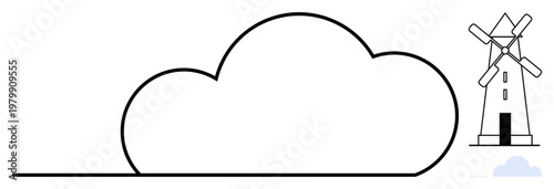 Renewable energy, agriculture, simplicity, nature, minimalism, sustainability. A cloud outline with a windmill at the edge. Renewable energy and agriculture concept