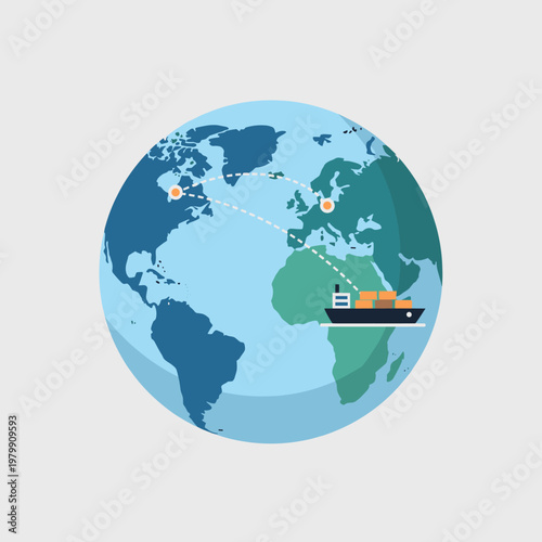 A detailed illustration of global shipping routes and international cargo transport by sea across continents.