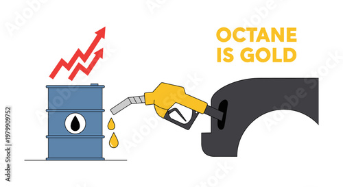 Fuel nozzle filling blue oil barrel with rising red graph in style for business finance