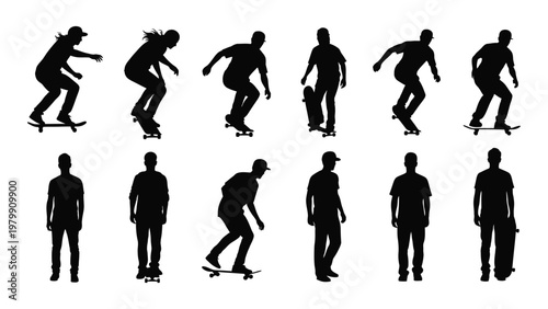 A collection of black silhouettes depicts diverse individuals skateboarding and standing showcasing dynamic movement and casual poses high quality professional detailed